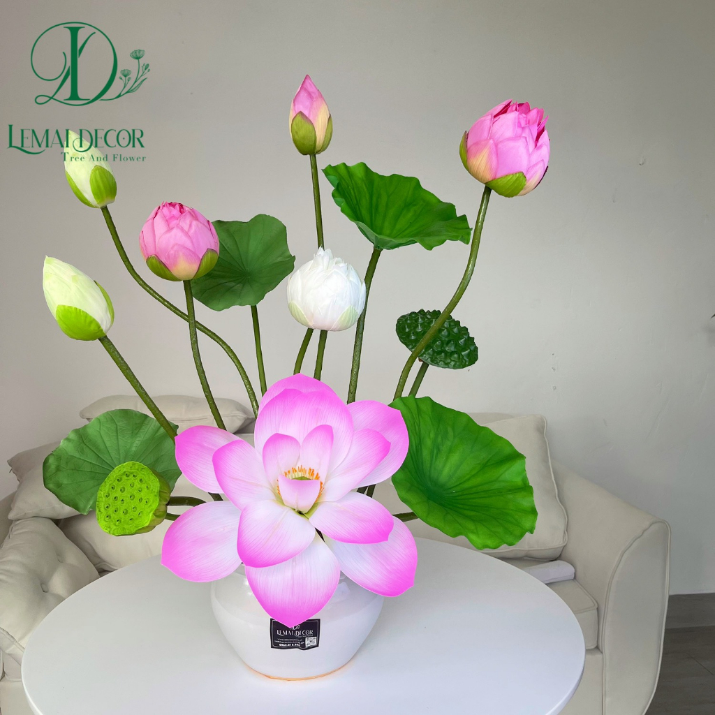 Bình Hoa sen giả - Bình hoa giả để bàn cắm sẵn y hình chất liệu bằng lụa đẹp cao cấp - hàng loại 1 - Mã BH02