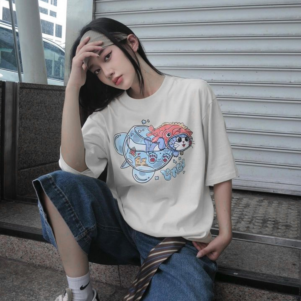 Áo thun nữ tay lỡ NELLY - MIR form dáng rộng unisex cat cover cho cặp đôi