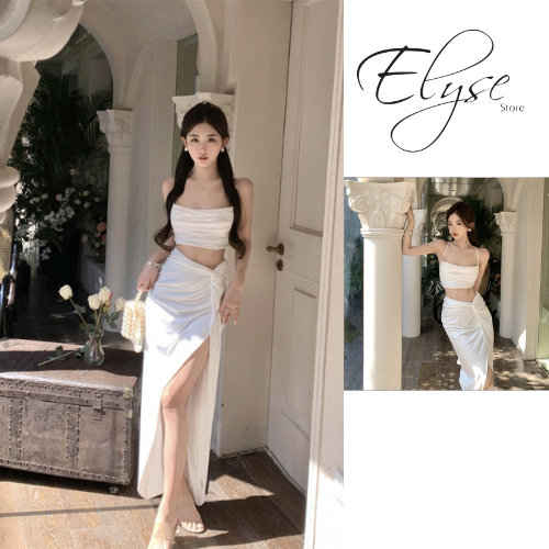 Set váy áo quây và chân váy dài trắng xẻ sang chảnh quyến rũ phù hợp cho nàng đi chơi, đi biển, đi tiệc