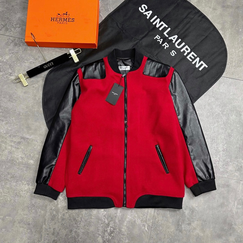 Áo khoác bomber nam nữ SLR vải dạ phối thêu da đen hai bên tay vai lót gió 2 lớp dày dặn boy phố AK36P