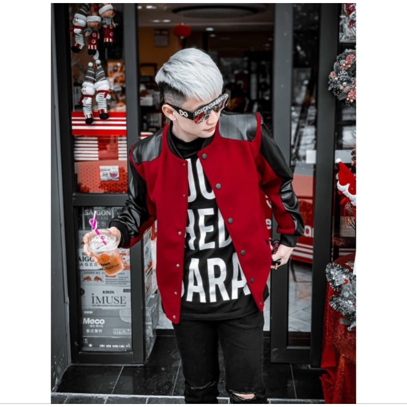 Áo khoác bomber nam nữ SLR vải dạ phối thêu da đen hai bên tay vai lót gió 2 lớp dày dặn boy phố AK36P