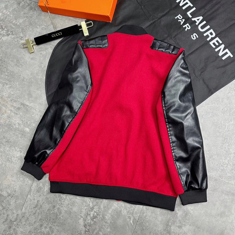 Áo khoác bomber nam nữ SLR vải dạ phối thêu da đen hai bên tay vai lót gió 2 lớp dày dặn boy phố AK36P