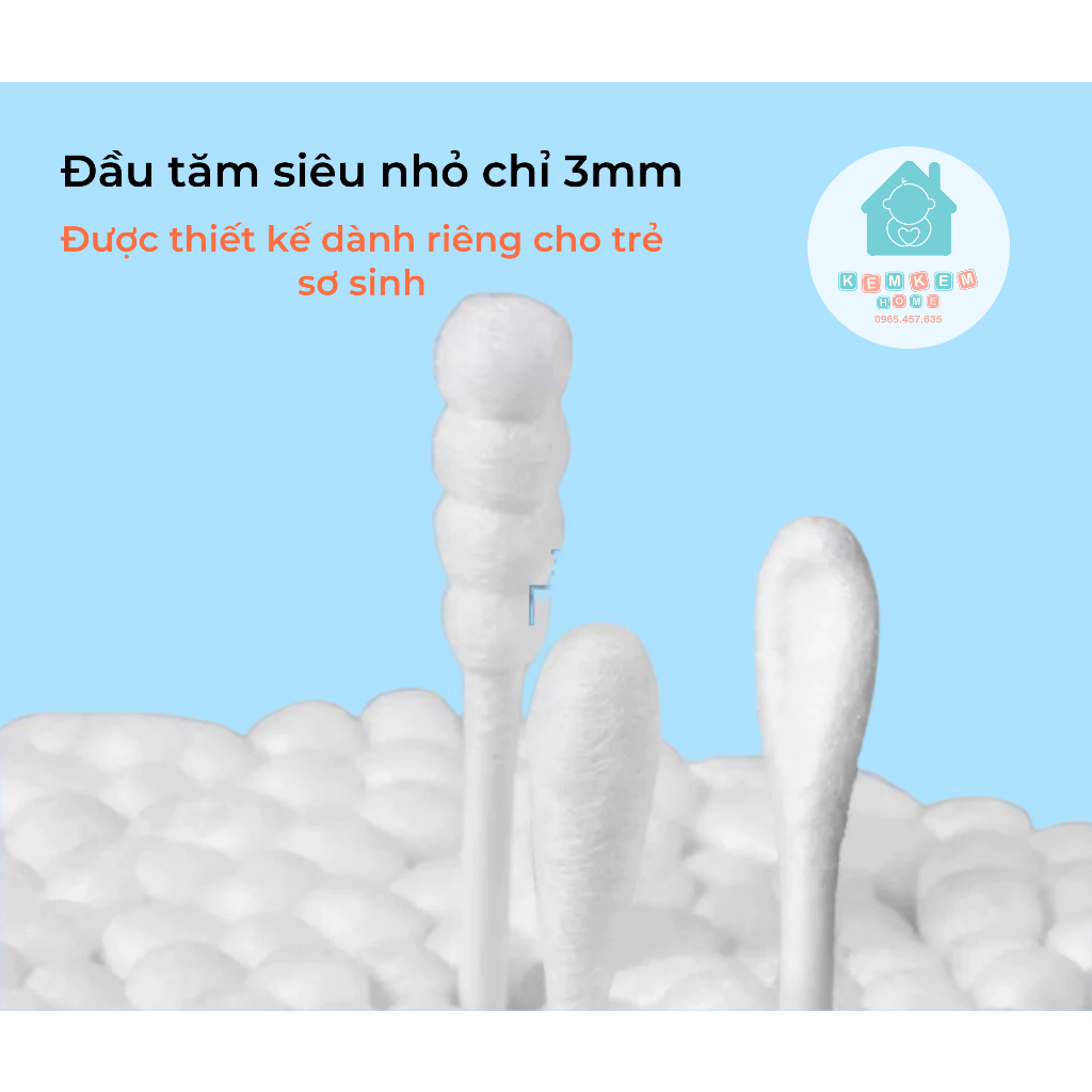 Tăm bông WAI cho bé sơ sinh, bông tự nhiên, hộp 200 que vệ sinh tai, mũi an toàn thân thiện