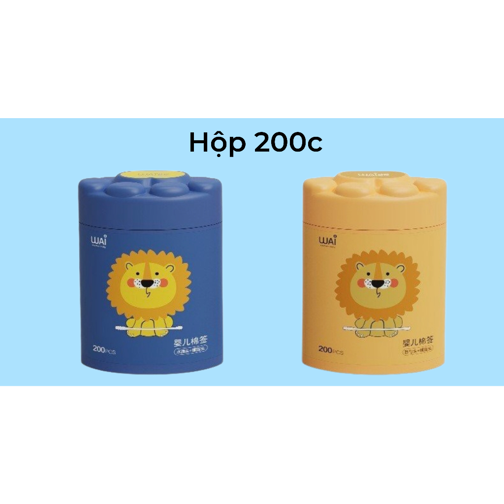 Tăm bông WAI cho bé sơ sinh, bông tự nhiên, hộp 200 que vệ sinh tai, mũi an toàn thân thiện
