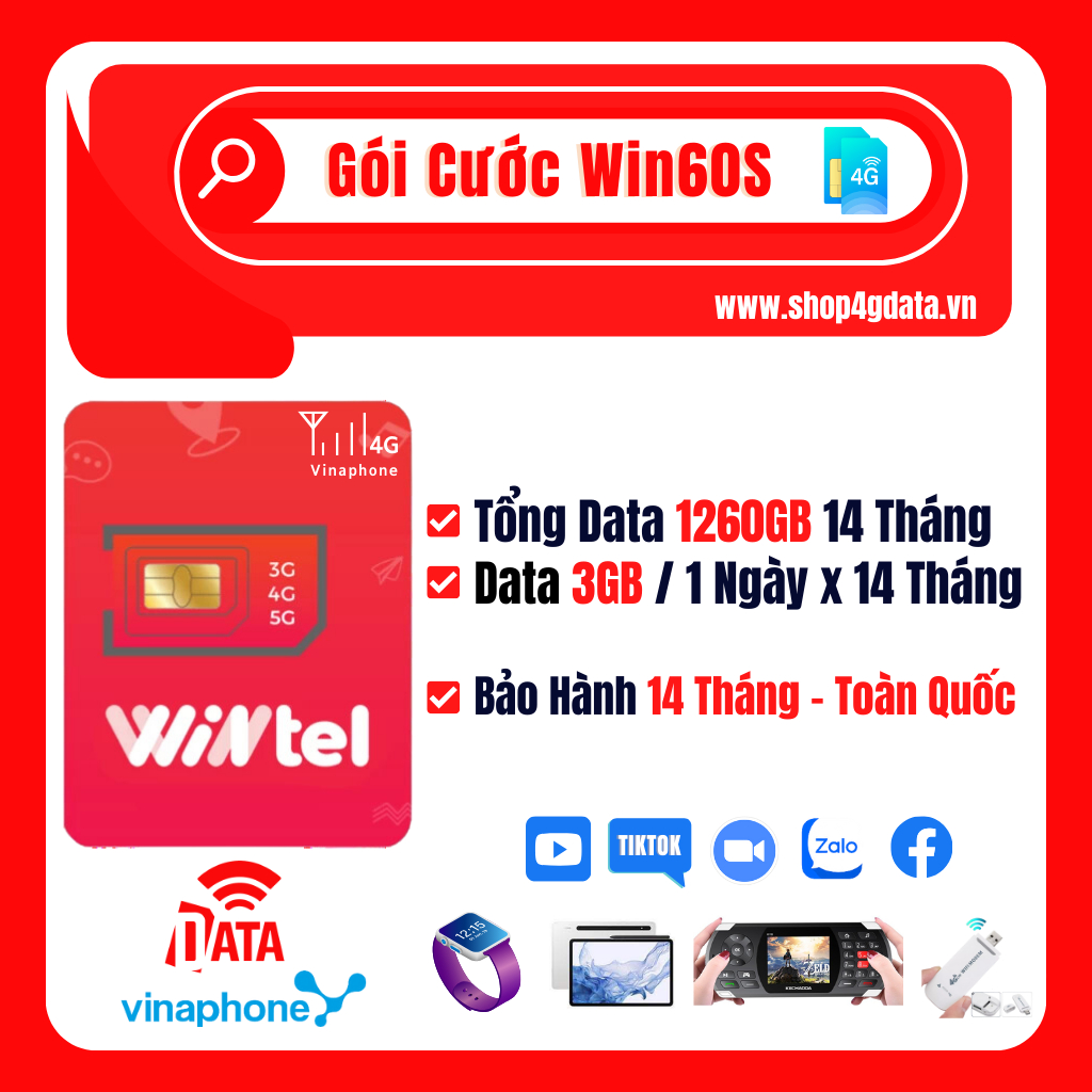 Sim VD89S Data 4GB 1 Ngày Sử Dụng 1440GB 1 Năm , Miễn Phí Cuộc Gọi , Bh 12 Tháng