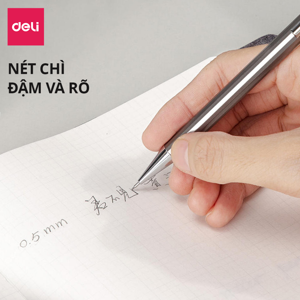 Bút chì kim học sinh Deli kèm đầu tẩy - Ngòi 0.5/0.7mm - Vỏ kim loại không hao mòn chống gỉ- bảo vệ ngòi chì khi sử dụng