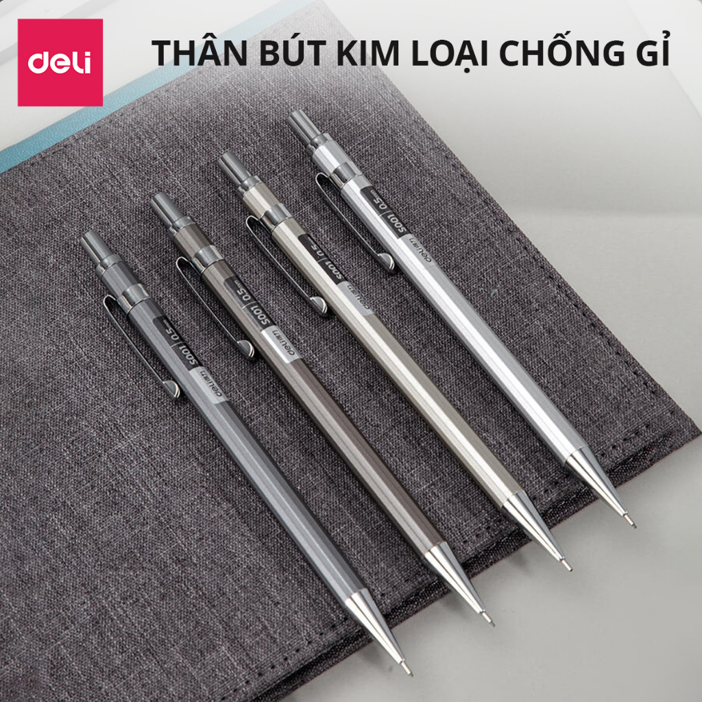 Bút chì kim học sinh Deli kèm đầu tẩy - Ngòi 0.5/0.7mm - Vỏ kim loại không hao mòn chống gỉ- bảo vệ ngòi chì khi sử dụng