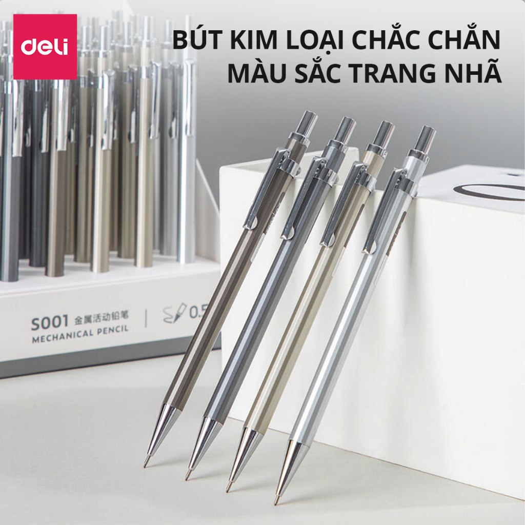 Bút chì kim học sinh Deli kèm đầu tẩy - Ngòi 0.5/0.7mm - Vỏ kim loại không hao mòn chống gỉ- bảo vệ ngòi chì khi sử dụng