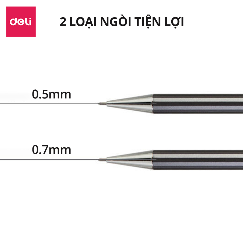 Bút chì kim học sinh Deli kèm đầu tẩy - Ngòi 0.5/0.7mm - Vỏ kim loại không hao mòn chống gỉ- bảo vệ ngòi chì khi sử dụng
