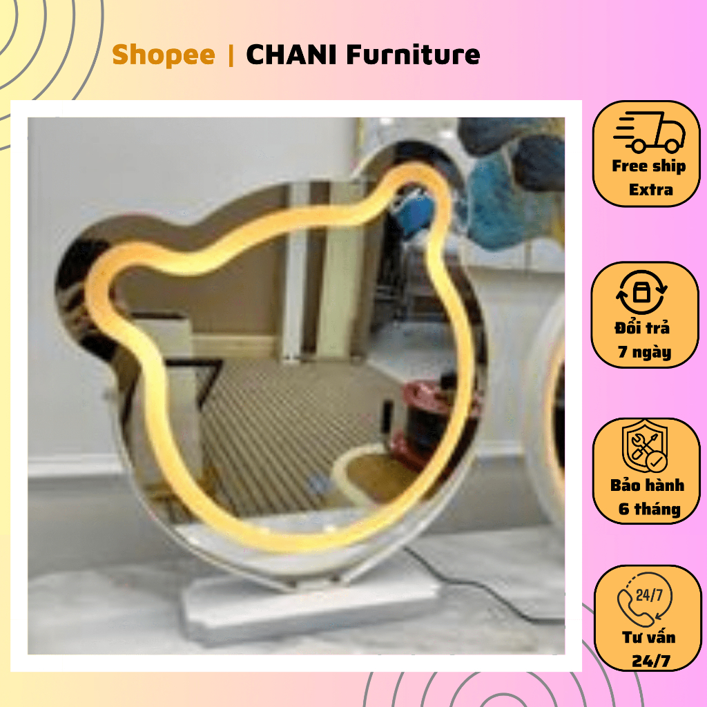 Gương bàn trang điểm có đèn led cảm biến 3 màu hình gấu cao cấp - Nội thất Chani