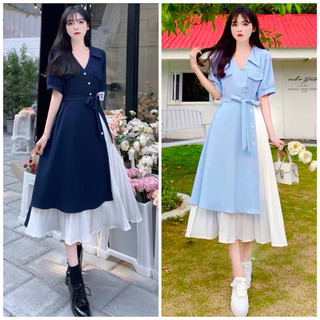 Đầm váy freesize sơ mi túi hộp phối trắng dập li 2 màu