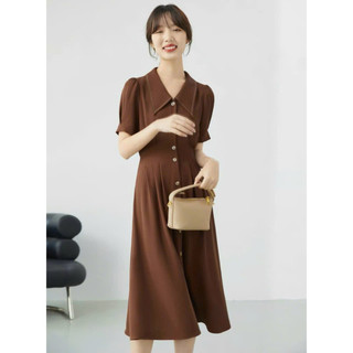 Đầm váy freesize sơ mi xếp li eo màu nâu tây thanh lịch