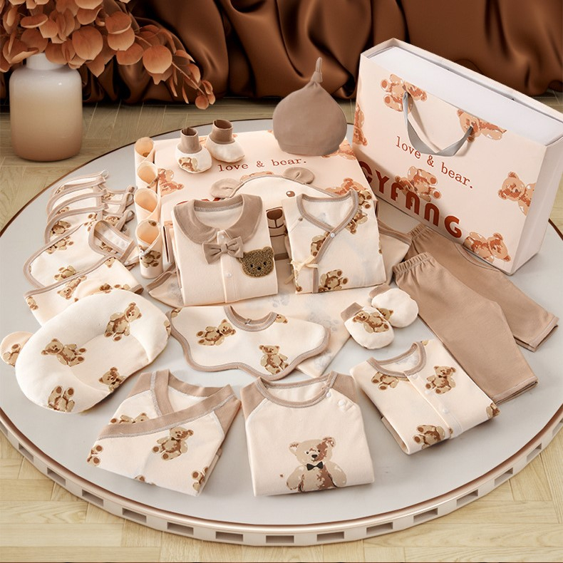 Set Quà Tặng Bé Trai, Bé Gái Sơ Sinh, Quà Tặng Đầy Tháng Cao Cấp 24 Chi Tiết Họa Tiết Gấu Bông
