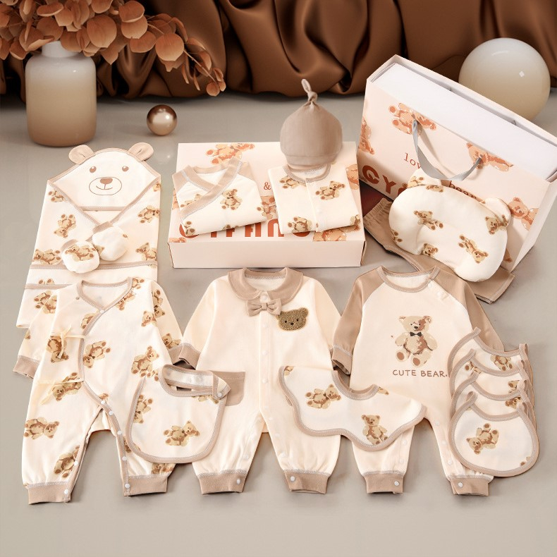 Set Quà Tặng Bé Trai, Bé Gái Sơ Sinh, Quà Tặng Đầy Tháng Cao Cấp 24 Chi Tiết Họa Tiết Gấu Bông