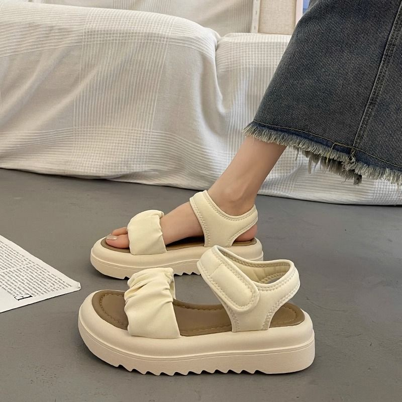 Dép sandal nữ, Dép quai hậu nữ đế cao 4cm, quai bèo nhún, da mềm đi học đi chơi