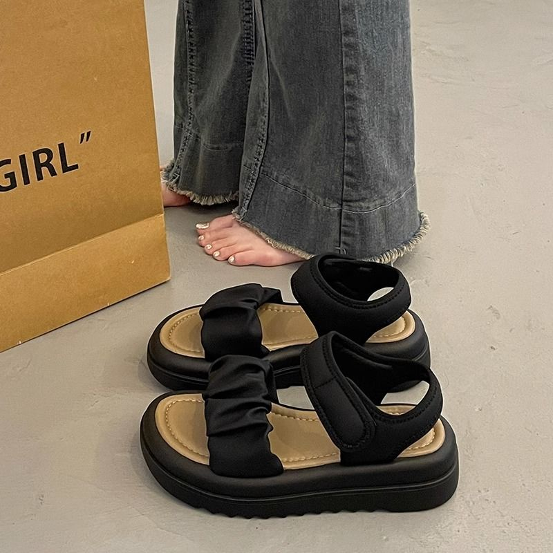 Dép sandal nữ, Dép quai hậu nữ đế cao 4cm, quai bèo nhún, da mềm đi học đi chơi