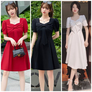 Đầm váy freesize đi tiệc xoè phối nơ 3 màu