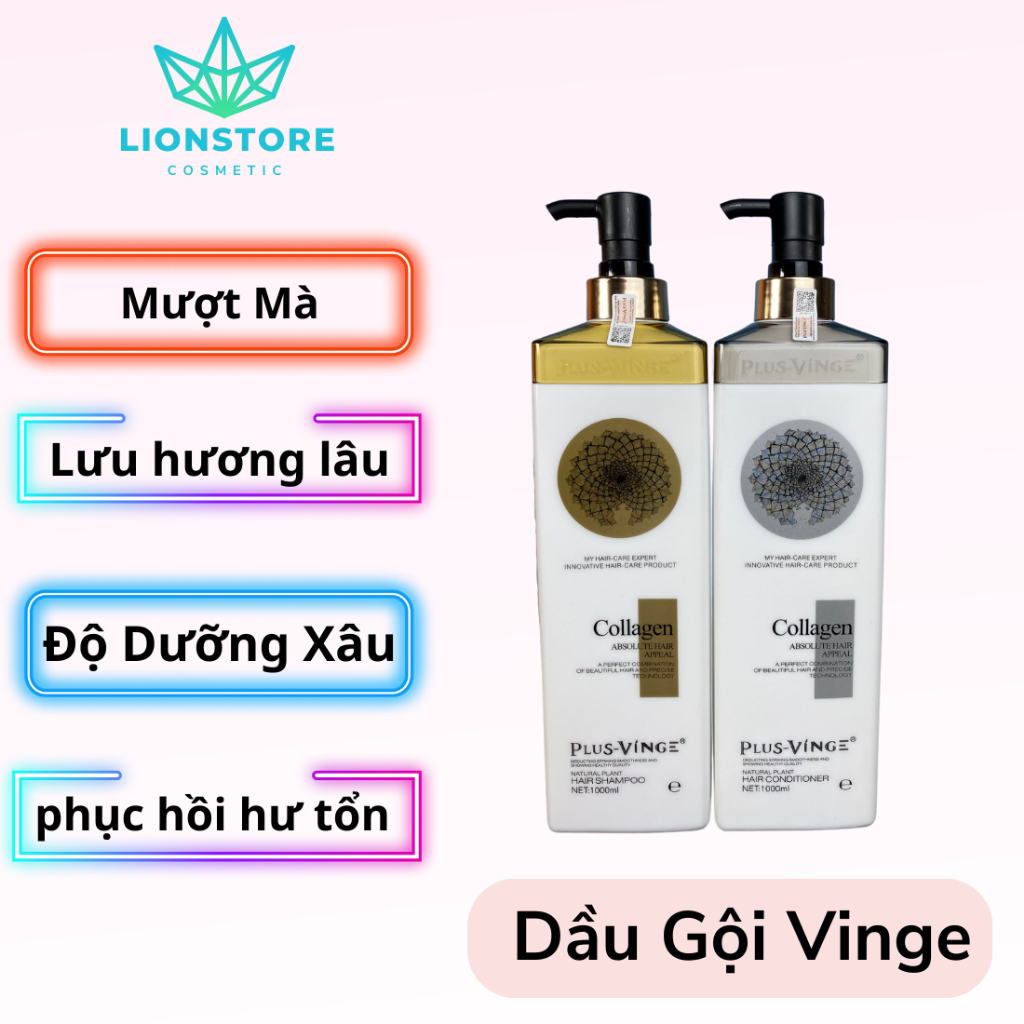 Cặp Dầu Gội Xả Collagen Plus Vinge 1000Ml Giảm Rụng Tóc Kích Mọc Tóc Phục Hồi Tóc Hư Tổn Hàng Chính Hãng