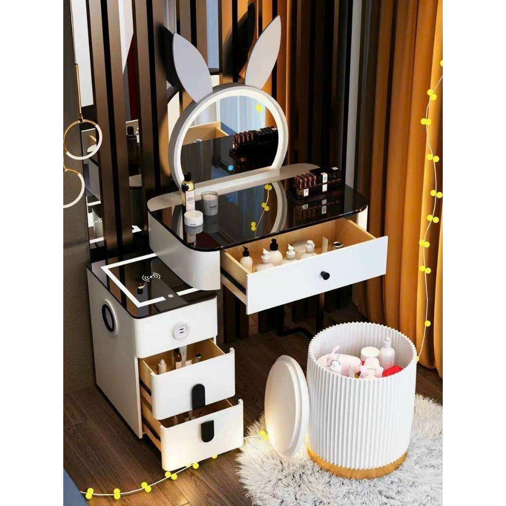 Bàn trang điểm thông minh kèm ghế, gương đèn led, có loa bluetooth, sạc không dây, đèn ngủ led _Mã D