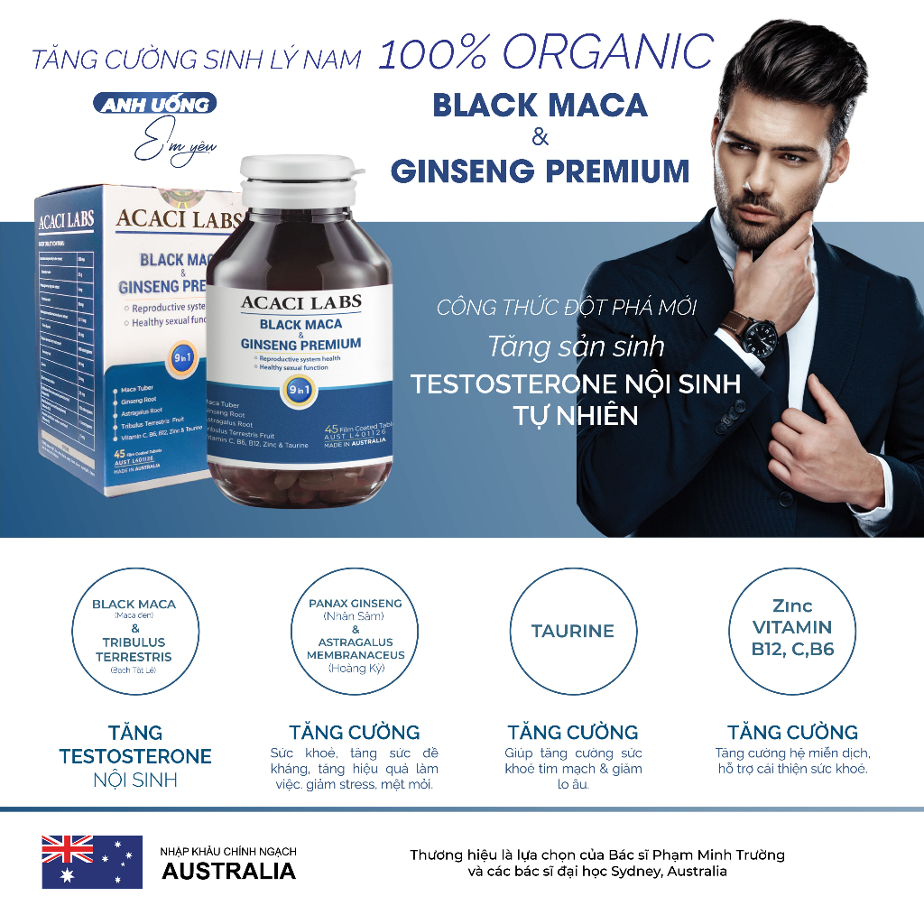 Viên uống Black Maca & Ginseng Premium Acaci Labs tăng cường sức khỏe nam giới 45 viên - ajaskinlab