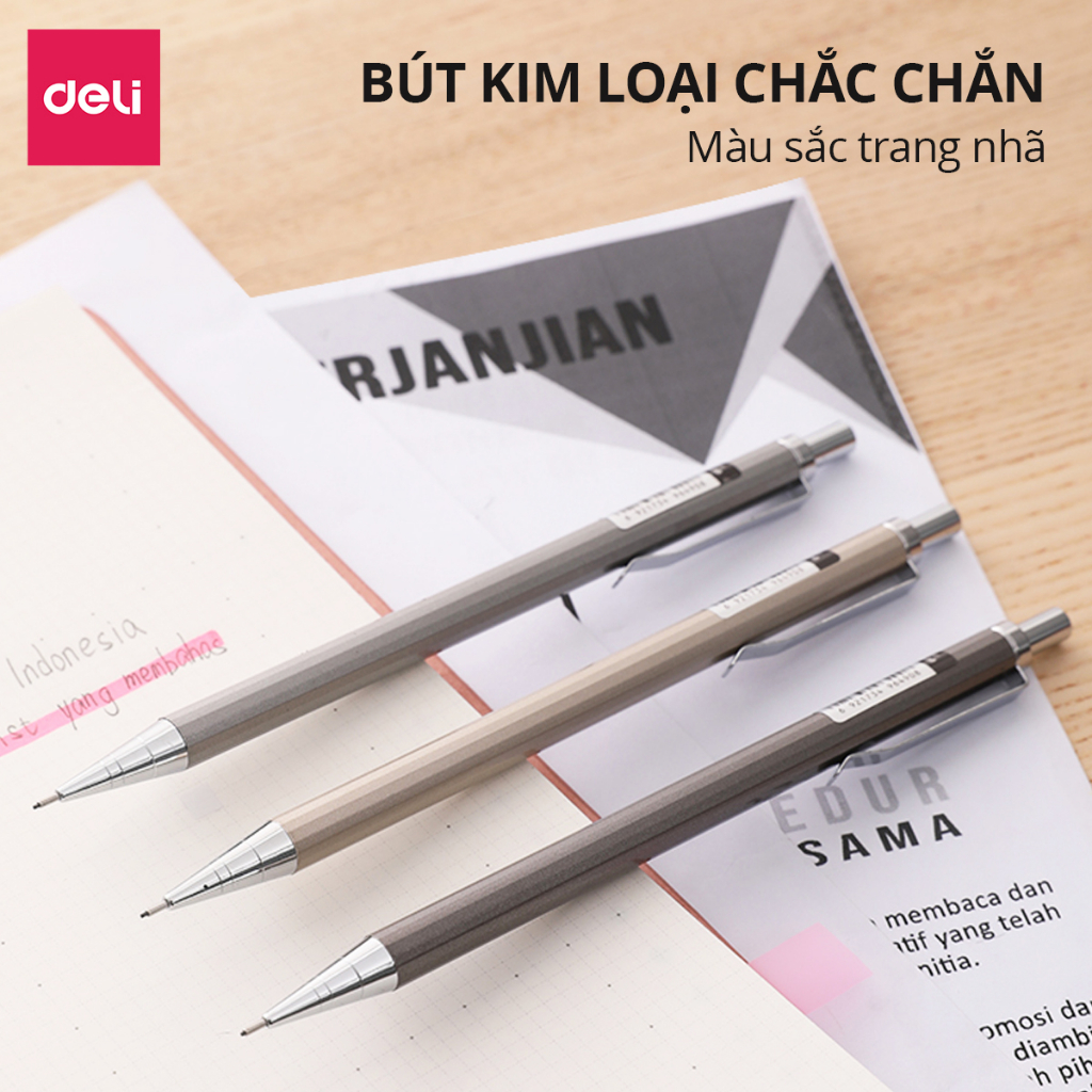 Bút chì kim bấm kỹ thuật 0.5mm/0.7mm Deli kèm đầu tẩy thân kim loại chắc chắn, chống hao mòn - Màu ngẫu nhiên