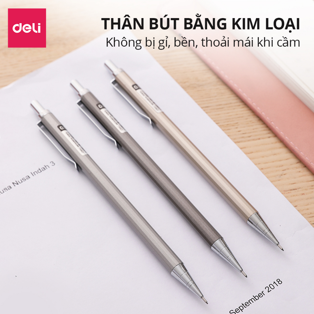 Bút chì kim bấm kỹ thuật 0.5mm/0.7mm Deli kèm đầu tẩy thân kim loại chắc chắn, chống hao mòn - Màu ngẫu nhiên