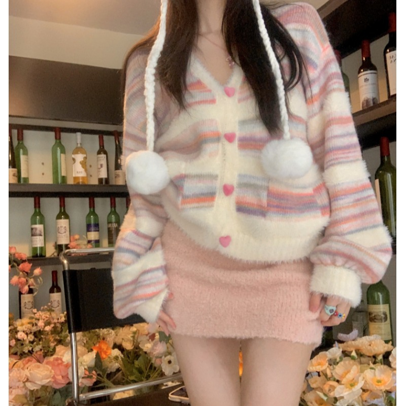 (HOẢ TỐC) Set áo cardigan lông kèm chân váy len màu hồng kẹo ngọt phong cách dễ thương