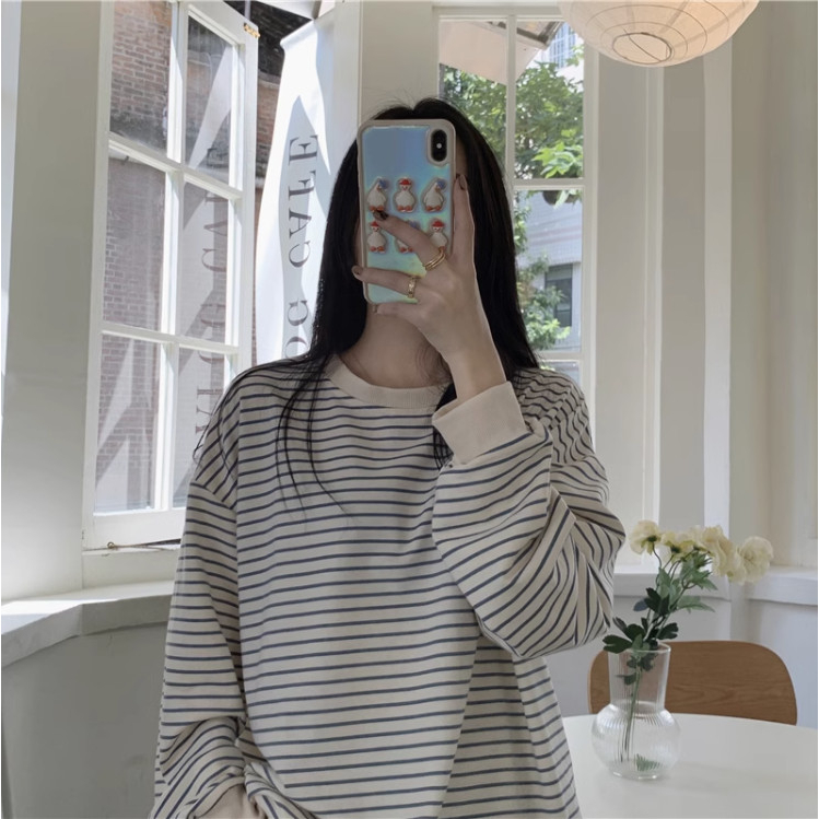 Áo sweater form rộng họa tiết kẻ sọc ngang, Áo len nữ dài tay cổ tròn thời trang thu đông Xuongmaythuhien