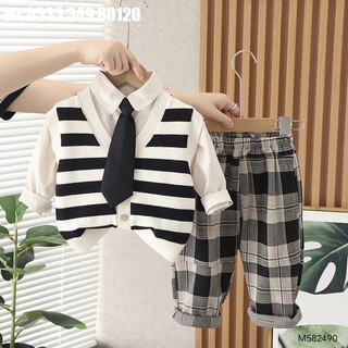 Set bé trai 3 món gile len sọc kèm áo sơmi quần dài caro