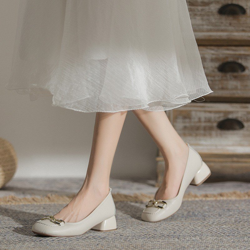 Giày Công Sở Nữ - Giày Gót Vuông Love Da Mềm Khoá Xích Cao 4p QCCC