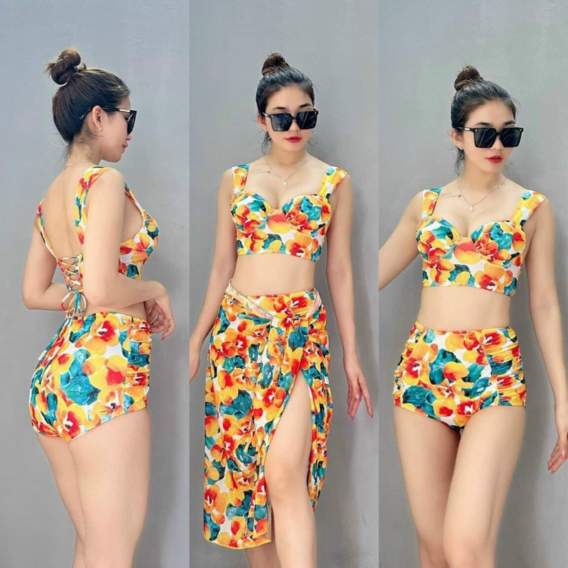 Đồ bơi nữ 3 mảnh áo có mút ngực dày nâng ngực phối khăn quấn quyến rũ sang trọng