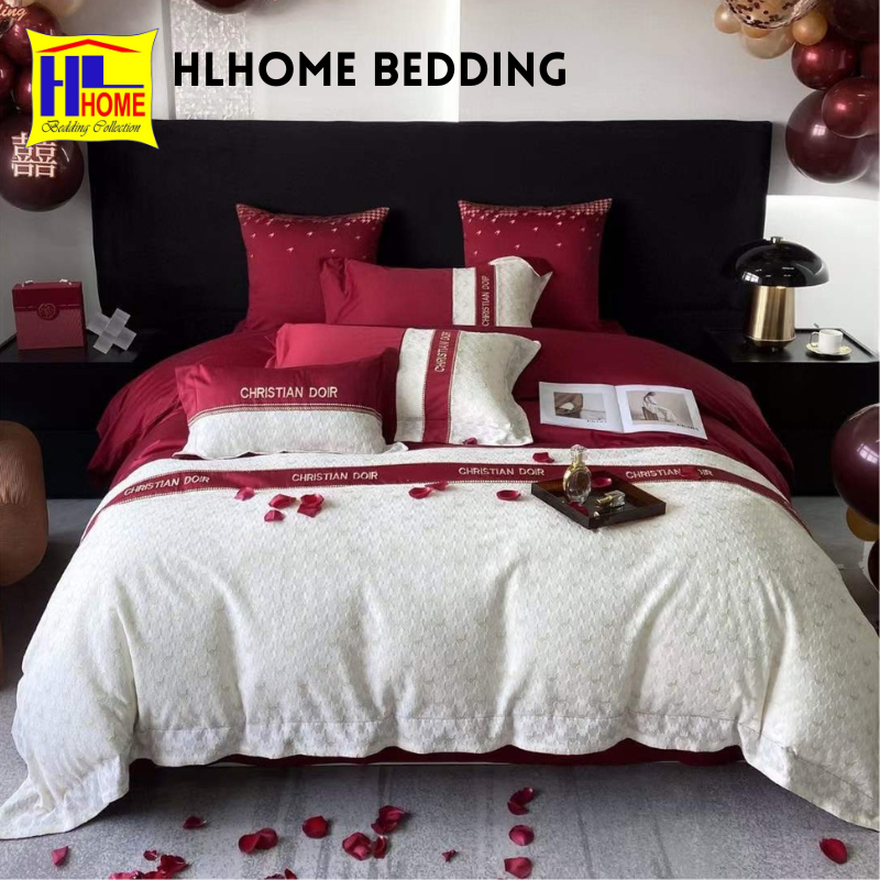 Bộ chăn ga lụa én D-I-O-R thêu cao cấp, hàng dệt sợi thoáng mát, mềm mại