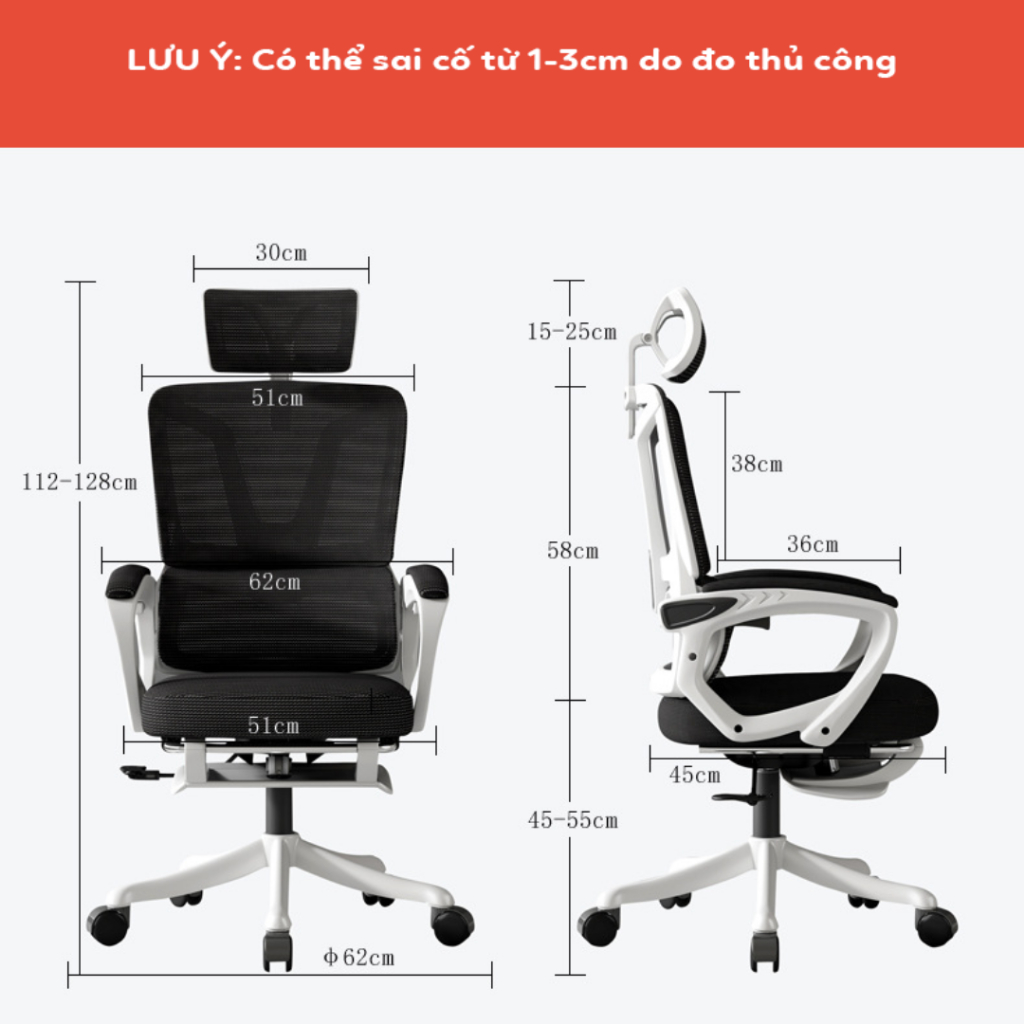 Ghế văn phòng, ghế công thái học ergonomic cao cấp có ngả lưng 135 độ, có đệm thắt lưng chống đau mỏi, BH 12 tháng