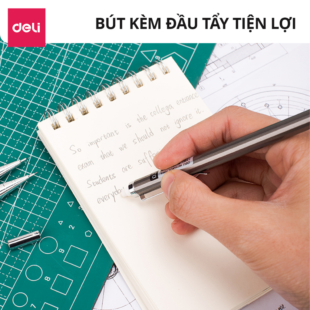 Bút chì kim bấm kỹ thuật 0.5mm/0.7mm Deli kèm đầu tẩy thân kim loại chắc chắn, chống hao mòn - Màu ngẫu nhiên