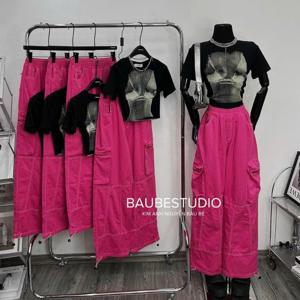 Sét Bộ Quần KaKi Túi Hộp Màu Hồng Mix Aó Thun Borip Tay Ngắn In Hình Cá Tính,Hàng Đẹp Hottren