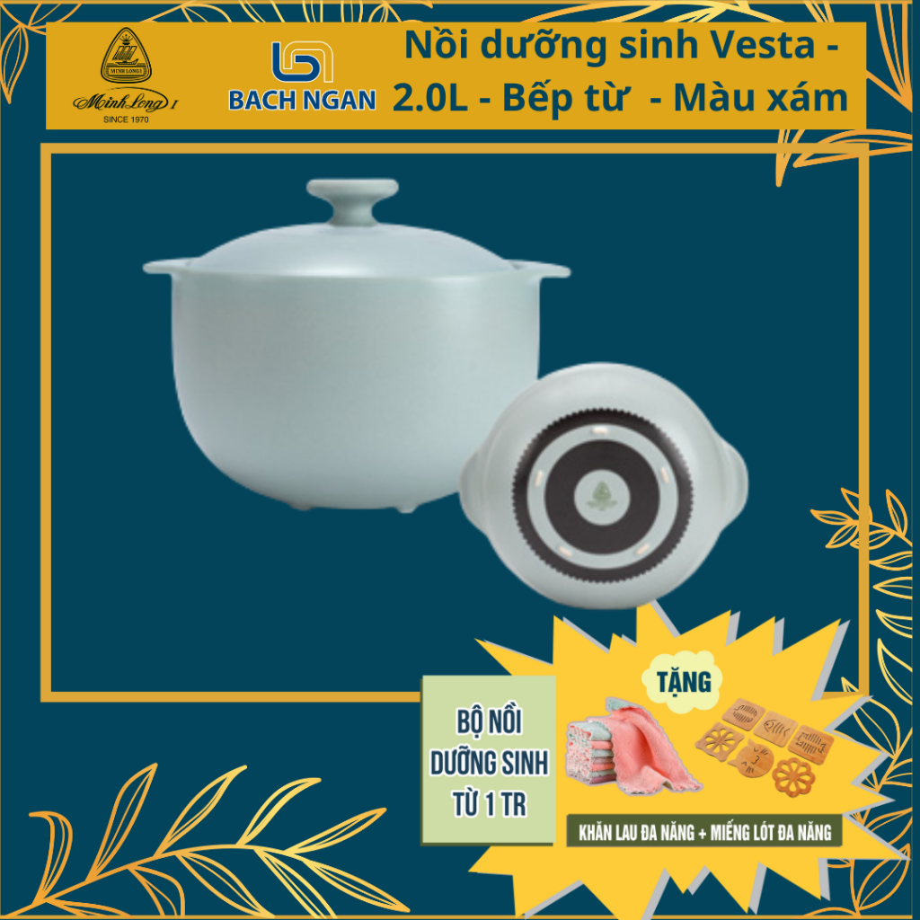 Nồi Sứ Dưỡng Sinh Minh Long (Bếp Từ) Vesta_Màu Xám_(tròn cao, có chân), Dùng Cho Bếp Từ_Healthy cook
