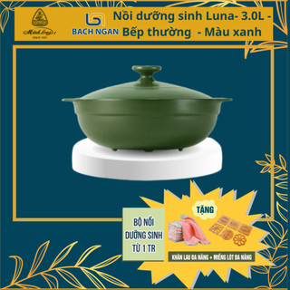 Nồi Sứ Dưỡng Sinh Minh Long Luna 3.0 L có nắp đậy, tráng men màu sứ xanh rêu - dùng cho bếp gas bếp hồng ngoại