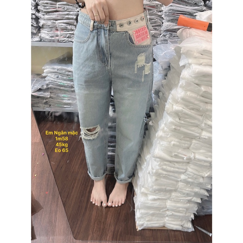 Set Baggy jeans rách mảng phối da + croptop tim phối tay