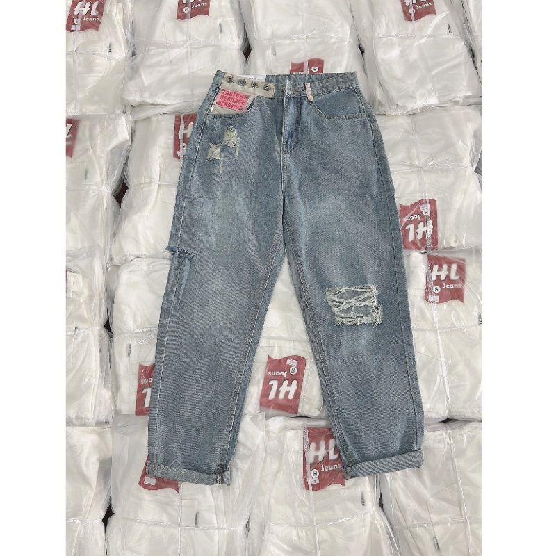 Set Baggy jeans rách mảng phối da + croptop tim phối tay