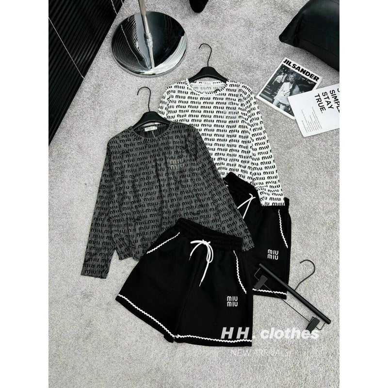Set Quảng Châu Miumiu Áo Tay dài + Quần Ngắn MaB, Áo Hoạ Tiết chữ Quần chun rút dây