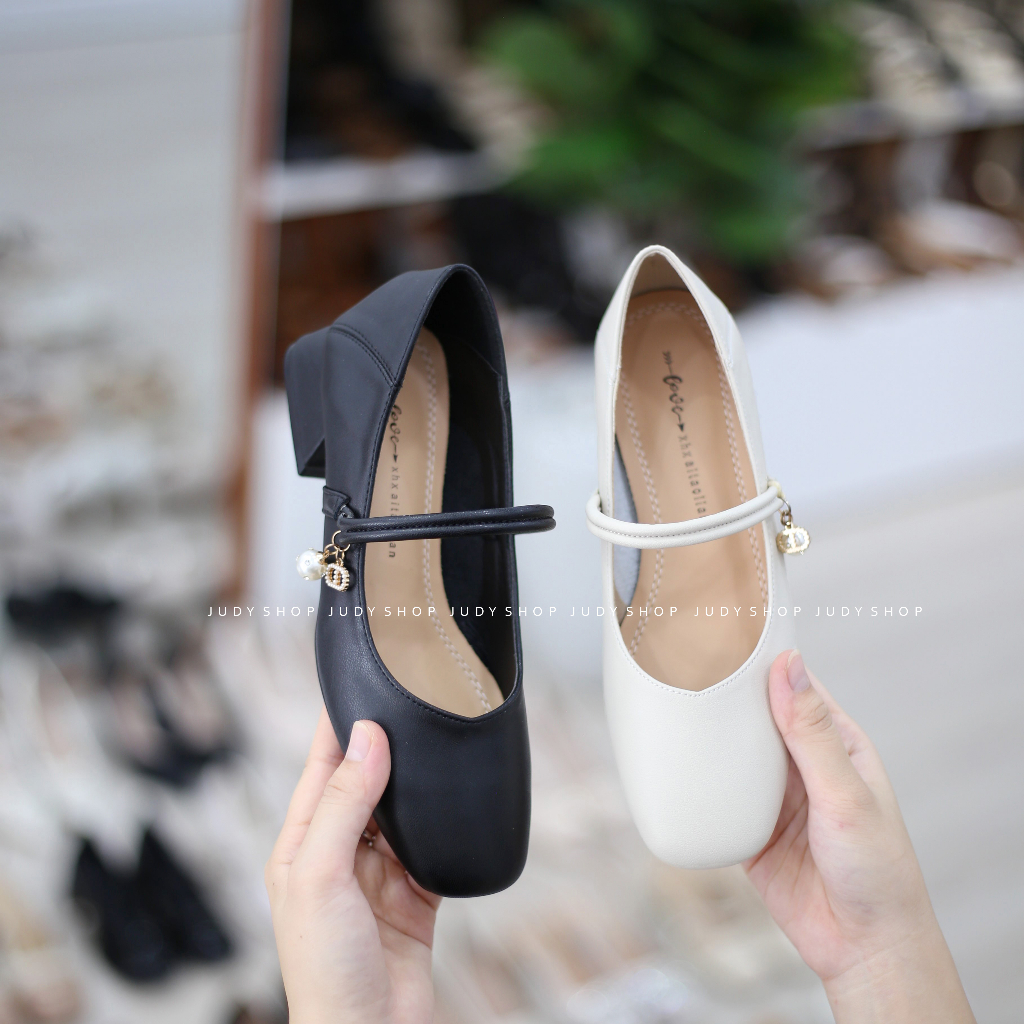 Giày Judy- Giày Gót Vuông Love Mary Dập Chỉ Quai Ngang Đính Ngọc 3p QCCC