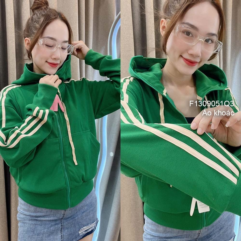 Áo khoác gân ruby form rộng phối kéo khóa có nón to tay dài phối viền sọc hàng đẹp!