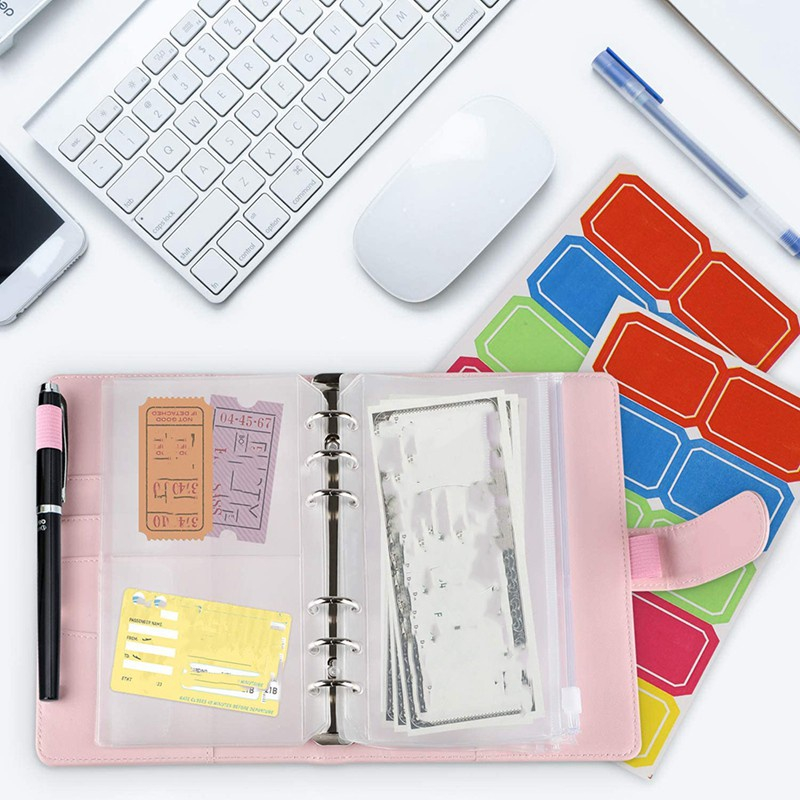 Sổ Tiết Kiệm Ghi Chú Chi Tiêu Thông Minh, Thiết Kế Còng 6 Lỗ Bìa Da Pu Kèm 12 Túi Zip A6