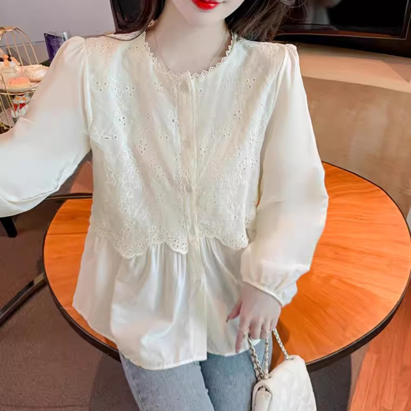 Áo Kiểu Nữ Dài Tay Cổ Tròn Phối Ren Dáng BabyDoll Phong Cách Hàn Quốc Thời Trang Sugal TOP NU 113V3