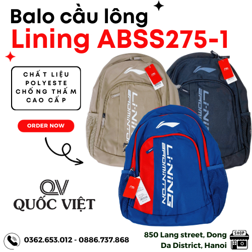 Balo thể thao, balo cầu lông Lining ABSS275-1 chính hãng Quốc Việt Badminton chất liệu chống thấm loại tốt