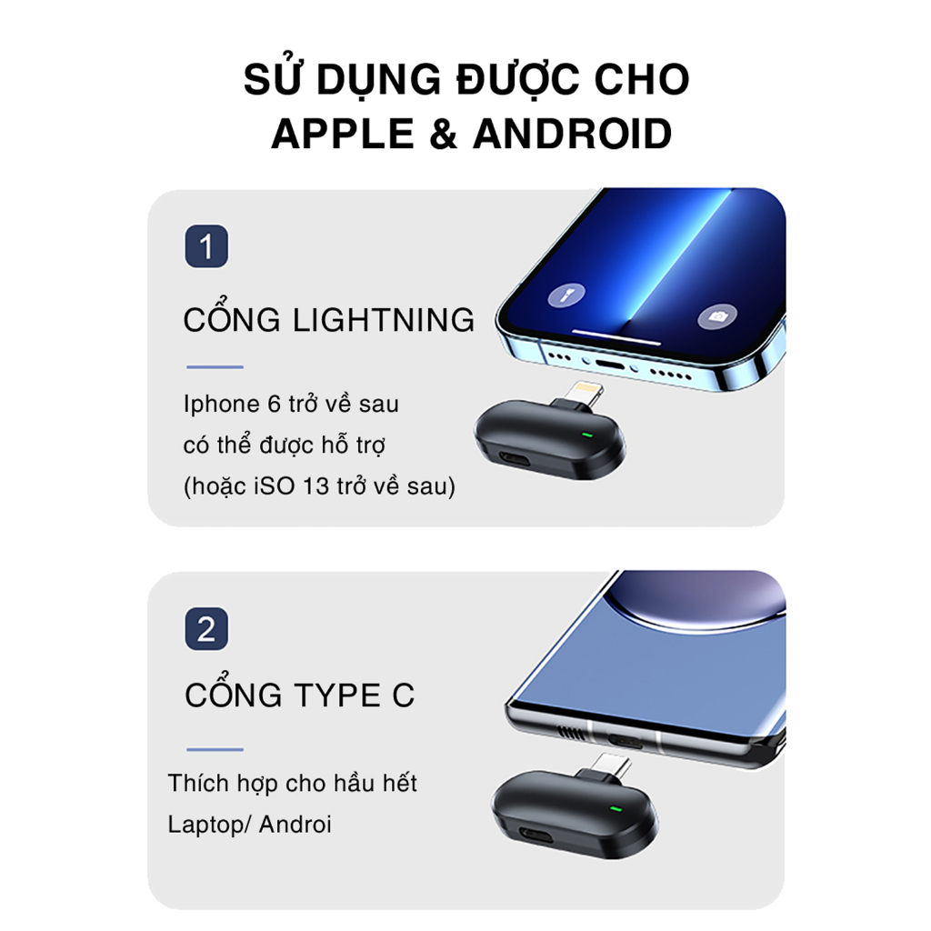 Micro Thu Âm Không Dây M8 Wireless Microphone . Lọc tạp âm khi Livestream/ Interview/ Vlog - IOS/ Android