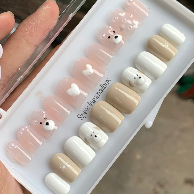 Nail box thiết kế CÚN NỔI by LISEA - Tặng kèm keo dũa Móng tay giả Móng úp Nailbox xinh xắn đáng yêu sang chảnh