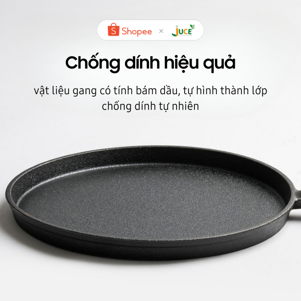 Chảo gang đúc đáy phẳng 20cm nguyên khối chống dính tự nhiên - Dùng cho bánh xèo, bít tết, nướng, rán