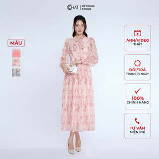 Đầm Nữ 𝐂𝐂𝐇𝐀𝐓 Họa Tiết Dập Ly Cổ Nơ Chất Voan Cao Cấp Phong Cách Thanh Lịch 13VDV5003LT