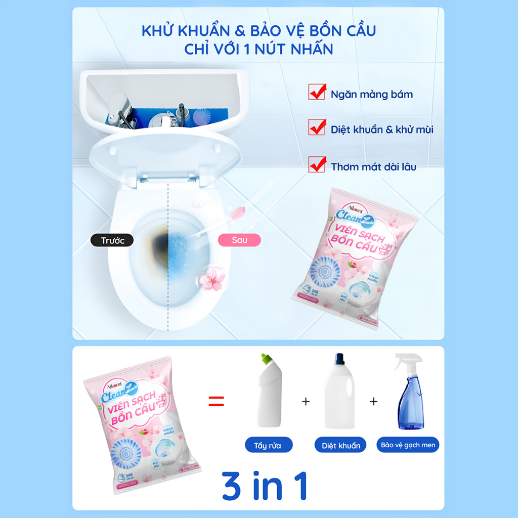 Viên thả bồn cầu CleanZ sạch khuẩn thơm mát tẩy sạch mảng bám khử mùi diệt vi khuẩn toilet chai thả bồn cầu thế hệ mới